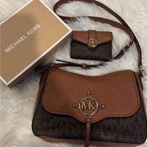 Michael Kors Brown Signature Crossbody Bag Purse /w Wallet Set